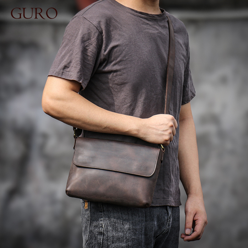Tablet Shoulder Bag - Guro-男性用本革ショルダーバッグ,クロスオーバーバッグ,デイリーフラップ,クレイジーホース牛革,8インチiPad用メッセンジャーバッグ,高品質