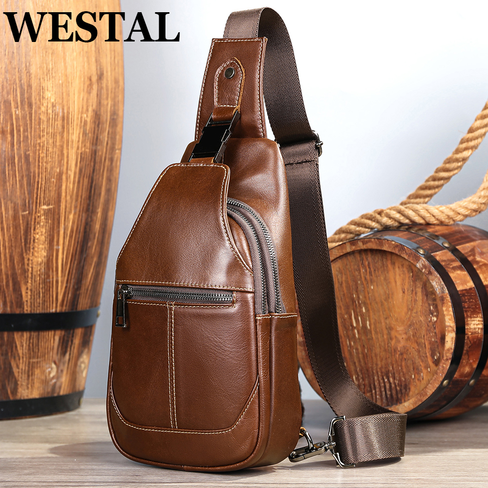 Tablet Shoulder Bag - WESTAL 本革スリングバッグ メンズ ジッパー付きデザイナーチェストパック 7.9インチタブレット対応、旅行用チェストバッグ スマホメッセンジャーバッグ
